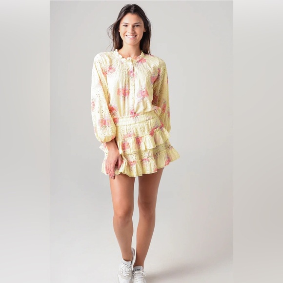 LOVESHACKFANCY 100% Cotton Butter Yellow Floral Eyelet Ruffle Skirt Size M NWT
